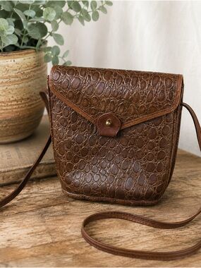 Barganza Brown Genuine Leather Croc Embossed Boho Crossbody Bag